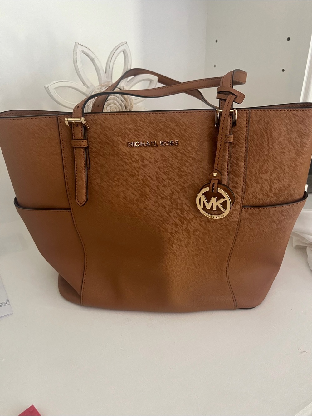 Michael Kors Tan Saffiano Leather Tote with Gold MK Charm
